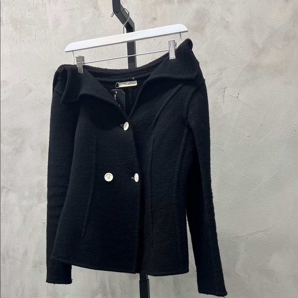 Black Off-Shoulder Jacket with White Buttons